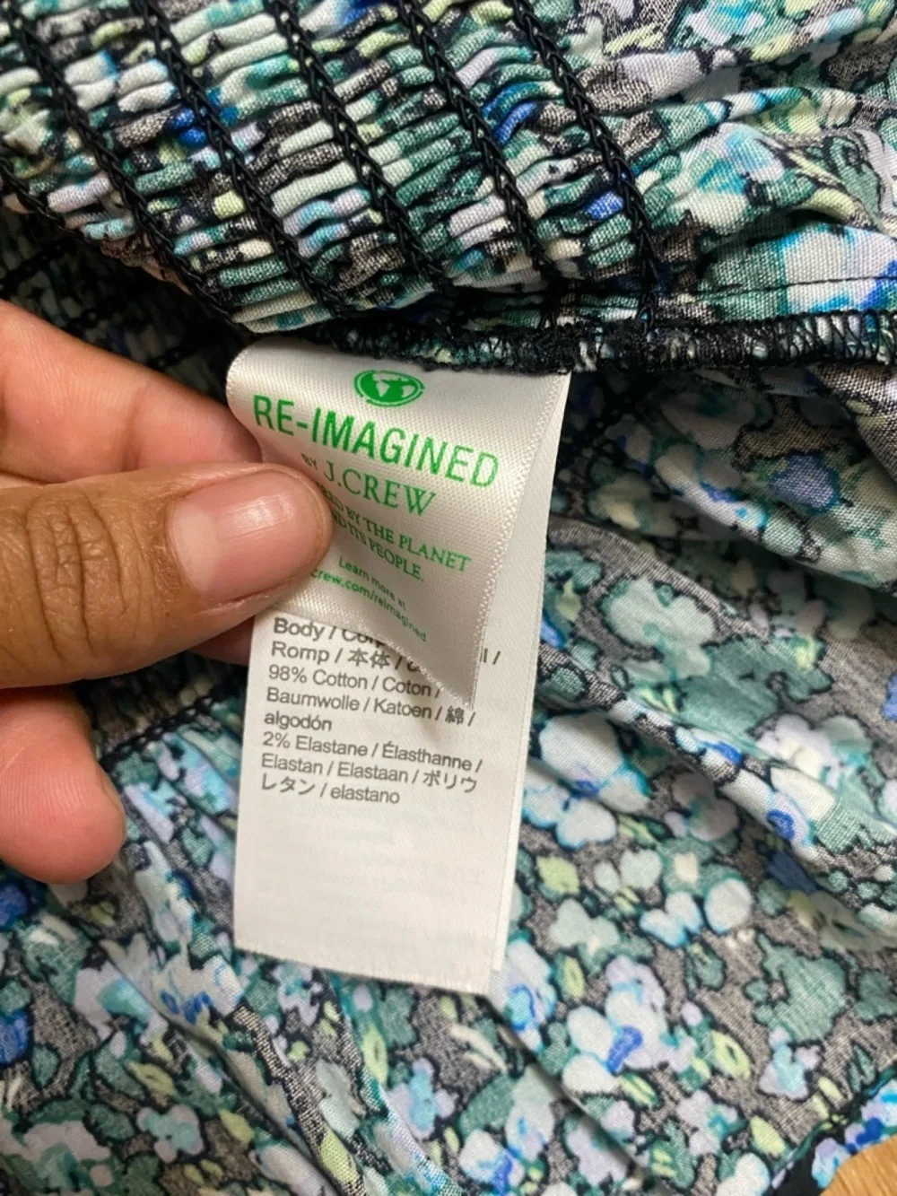 J. Crew Teal and Black Floral Smocked Peplum Blouse